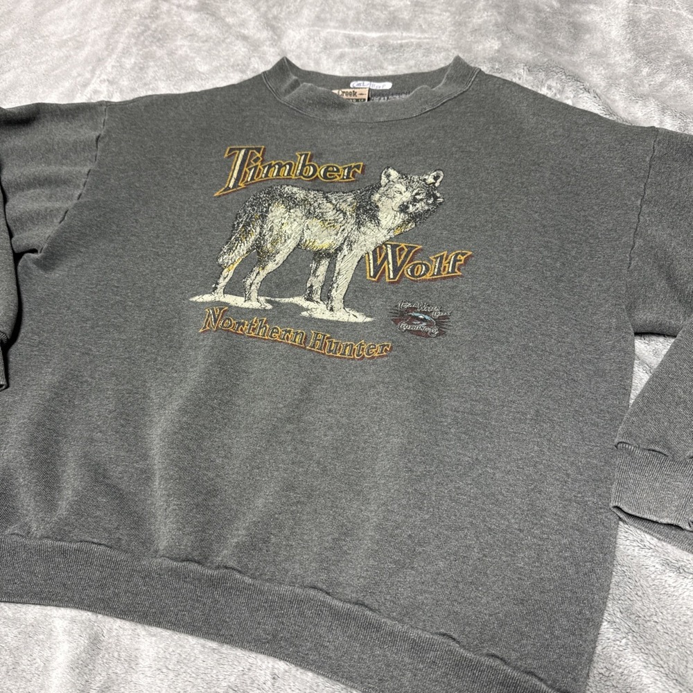 Vintage Timber Wolf Sweatshirt Mens XL Clearwater Creek Grey Distressed